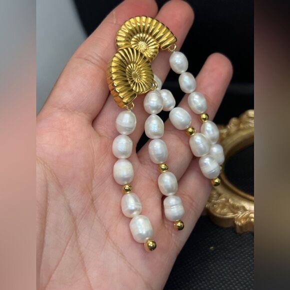 Gold Plated Stainless Steel Nautilus Pearl Drop Earring - Picture 8 of 14